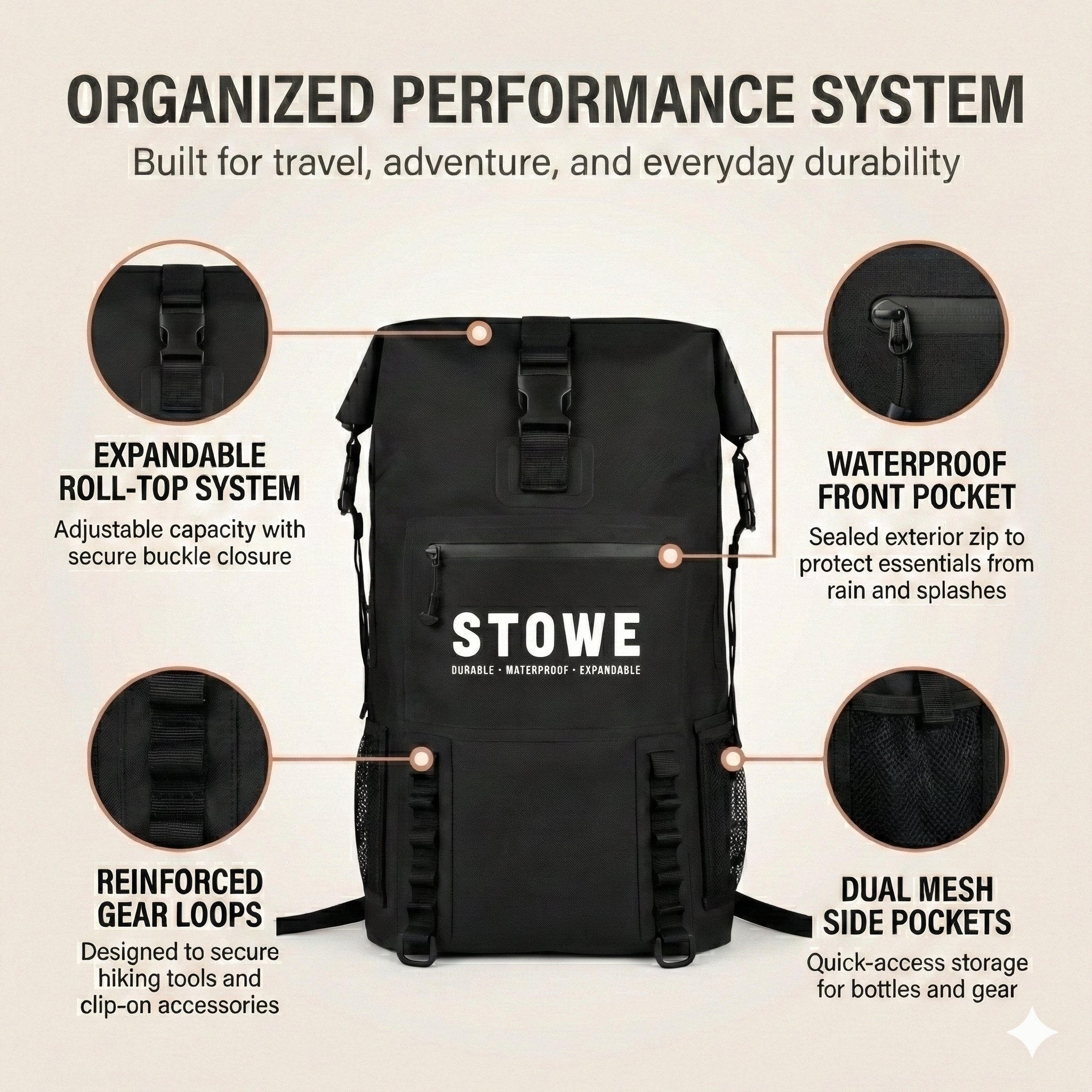 STOWE Waterproof Expandable Dry Travel Bag (Black)