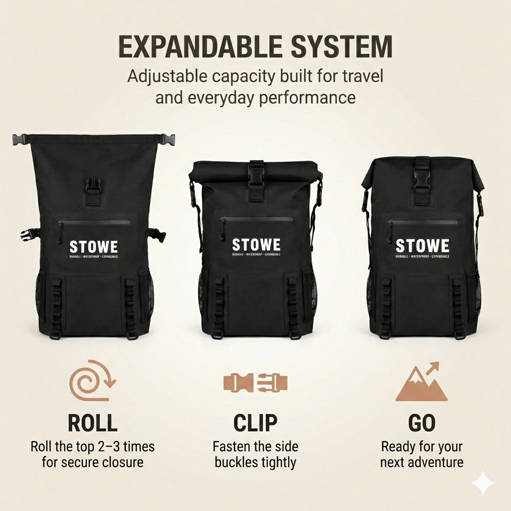 STOWE Waterproof Expandable Dry Travel Bag (Black)