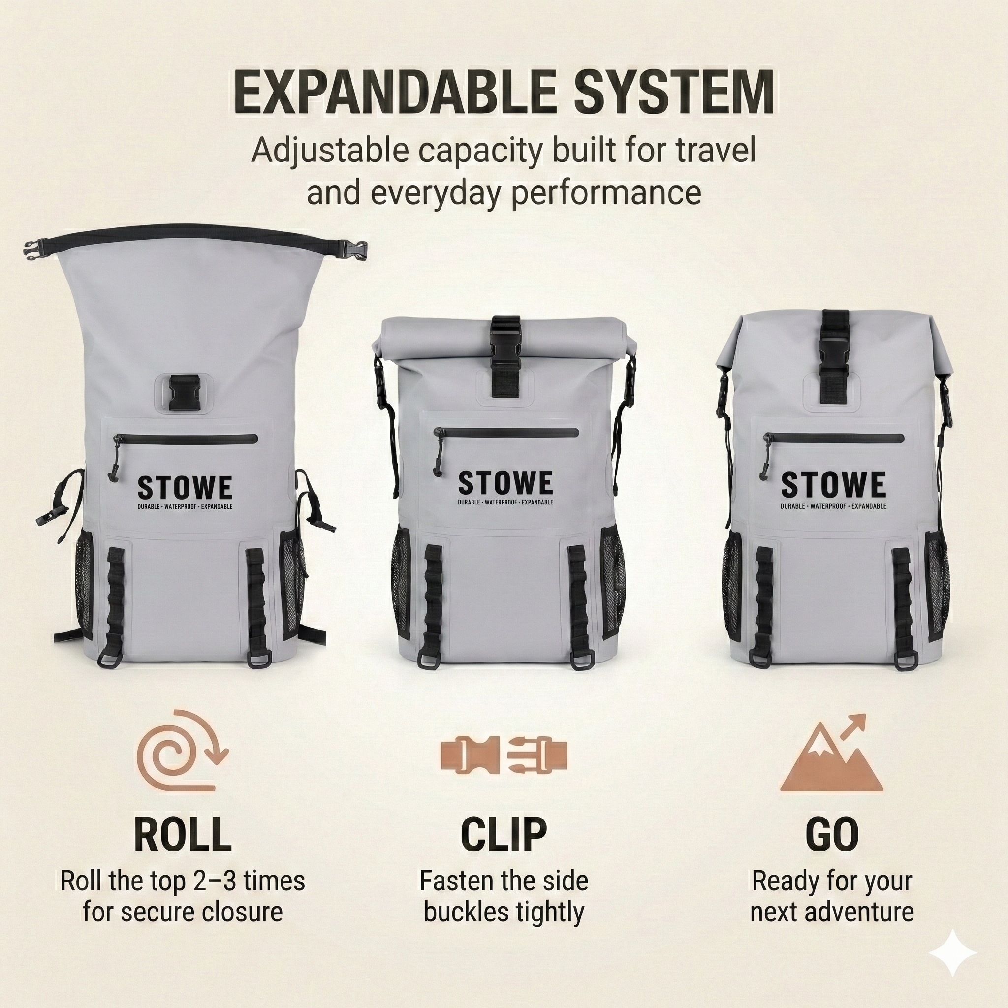 STOWE Waterproof Expandable Dry Travel Bag (Grey)